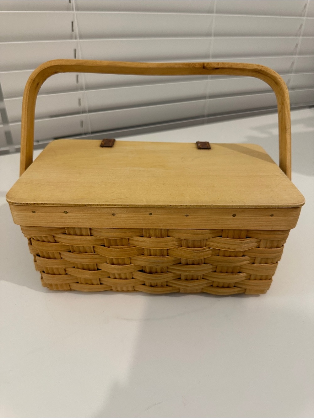 Lightweight basket with lid and handle.